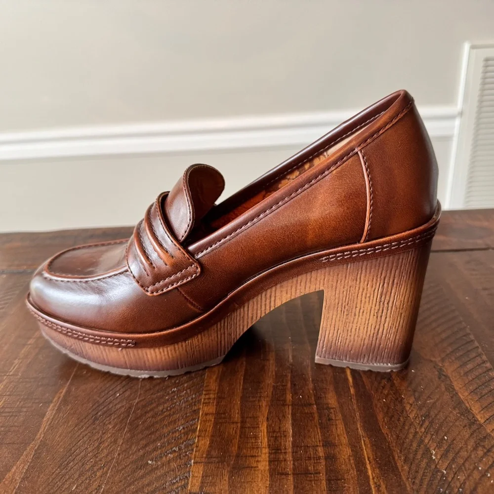 Korks Regina Brown Leather Platform Loafer Heel size 6 Never Worn - Picture 3 of 12